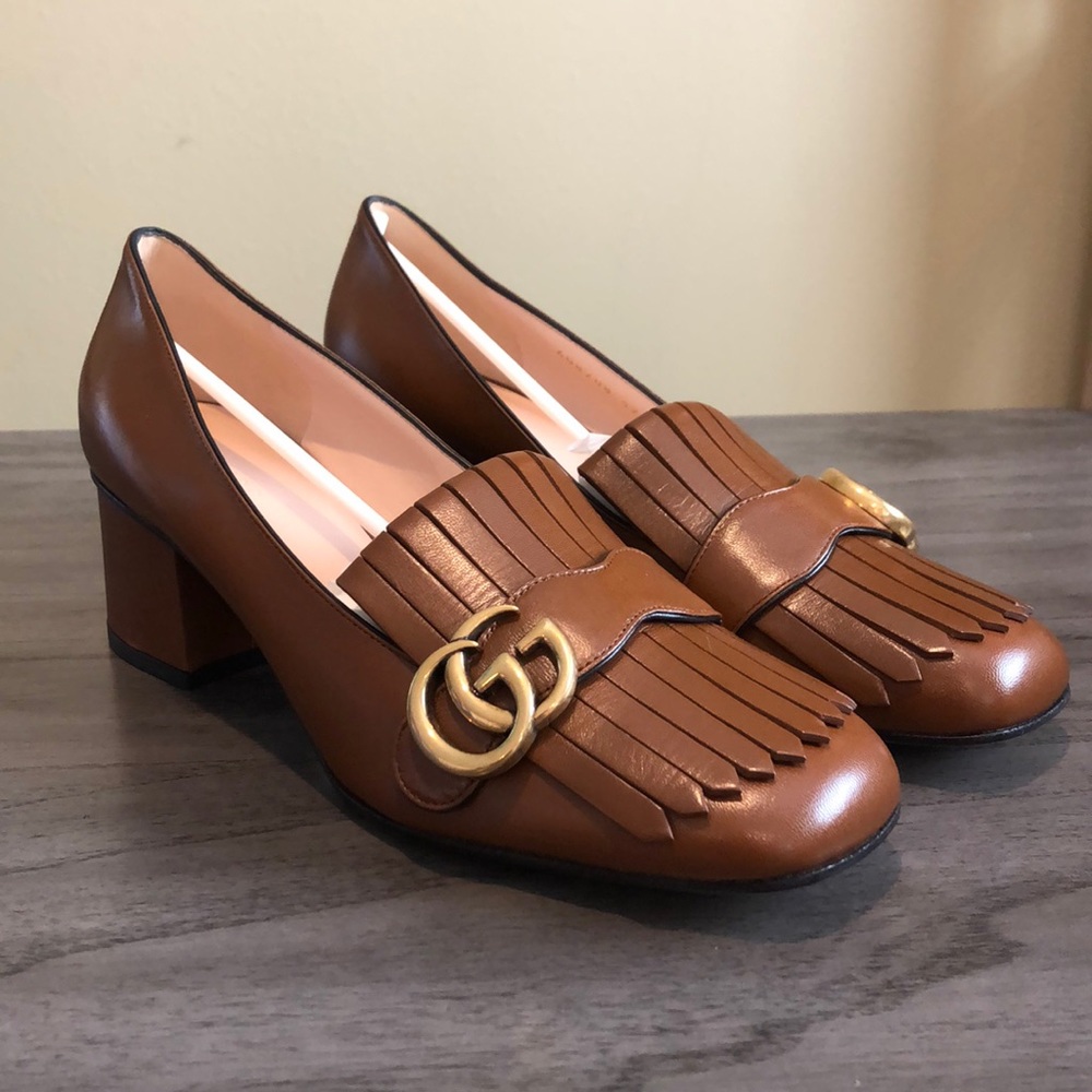 Gucci leather mid-heel pump with fringe